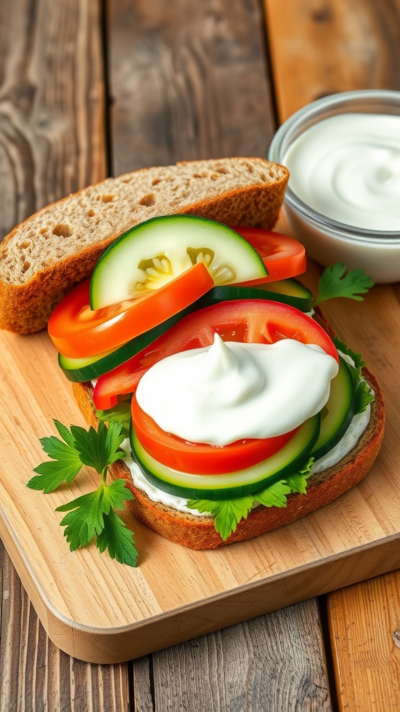 Savory Yogurt Sandwich with Fresh Vegetables A savory yogurt sandwich with vegetables on whole grain bread, served with a bowl of yogurt dip.
